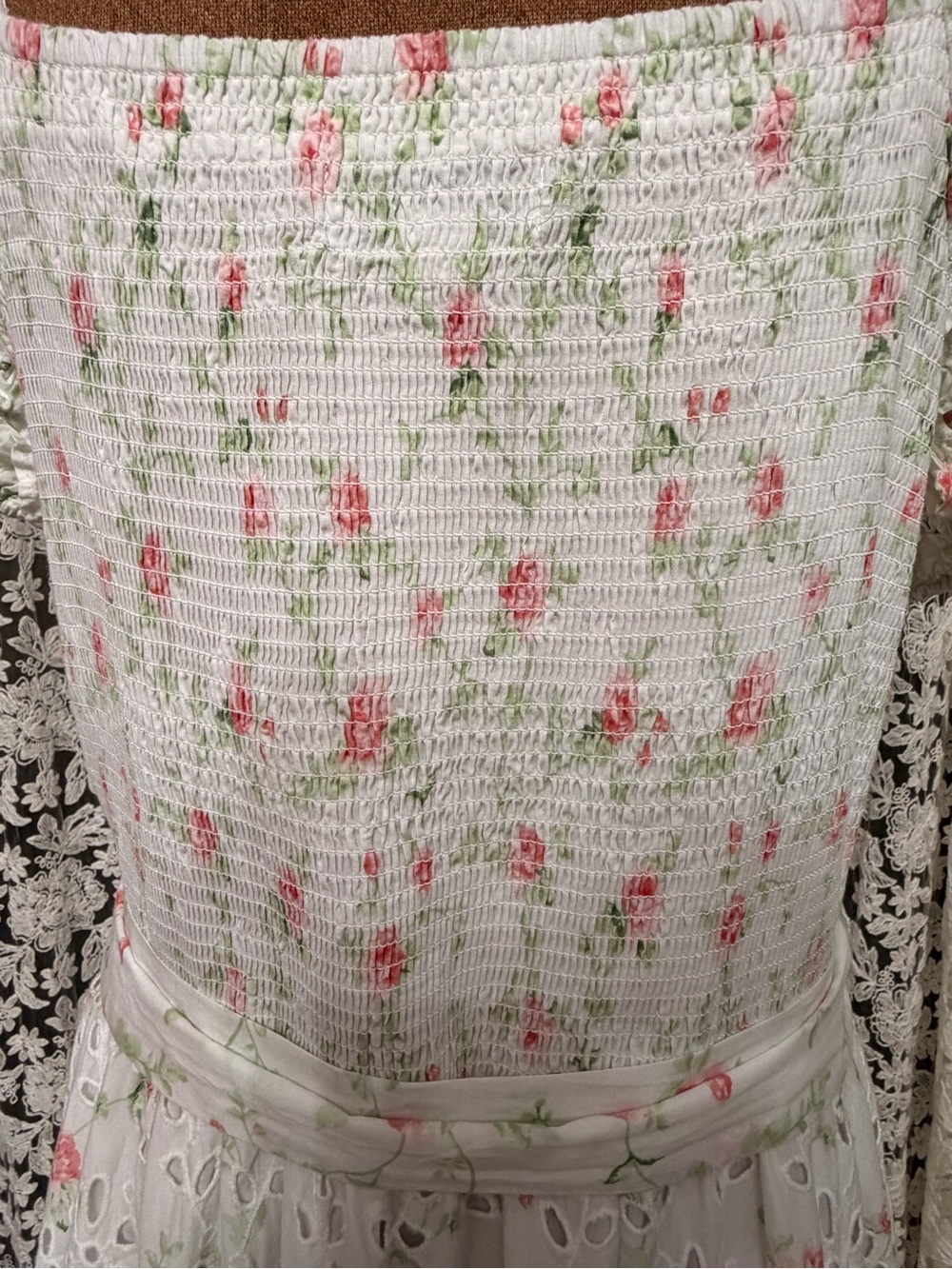 LoveShackFancy White Eyelet Maxi Dress with Pink Floral Print - Picture 5 of 9